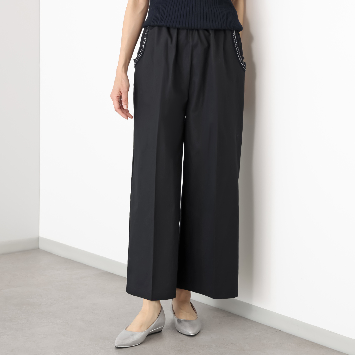 マルティジャーニ 日本製　匠の技 コットンリネン 部分ツイードジャガード ワイドパンツ