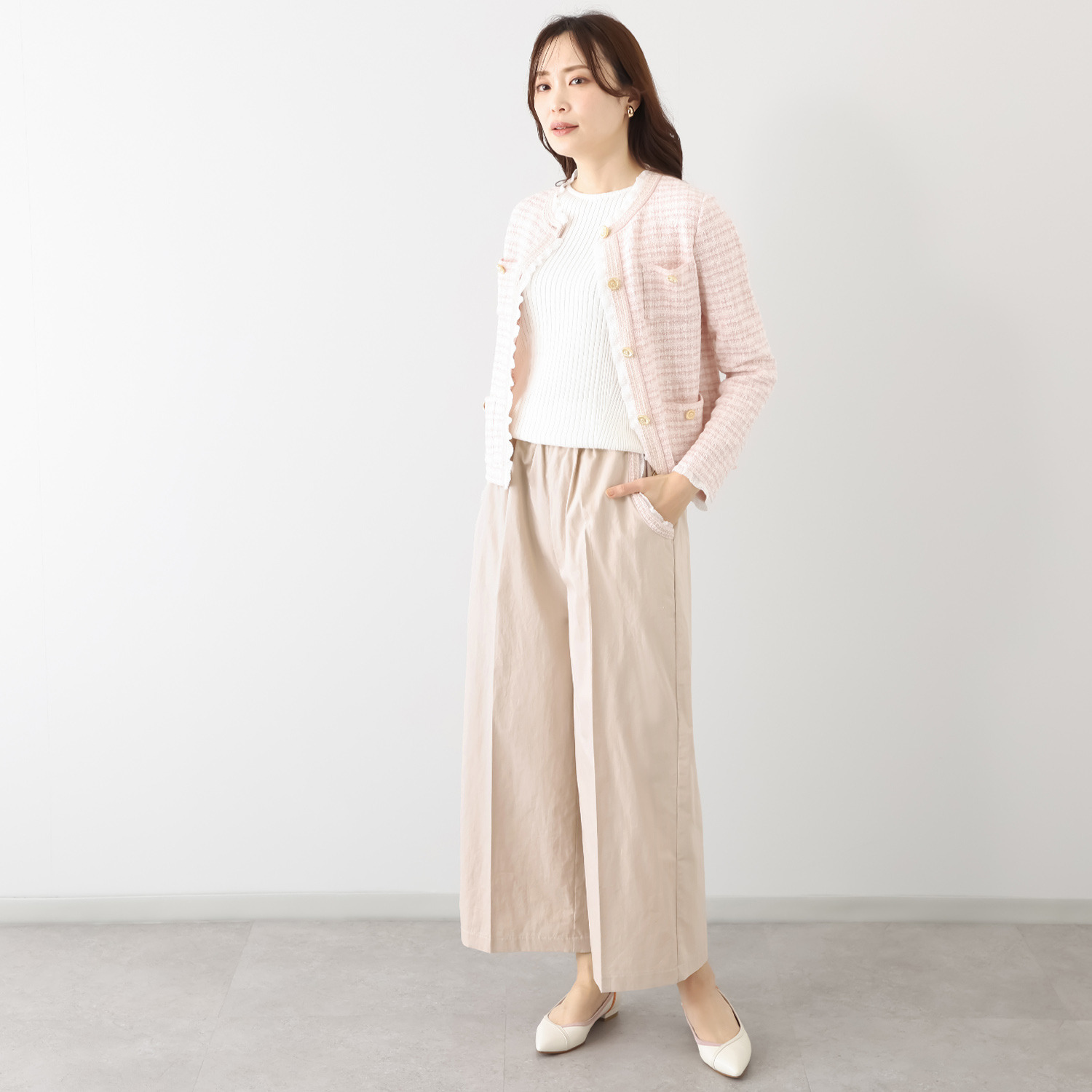 マルティジャーニ 日本製　匠の技 コットンリネン 部分ツイードジャガード ワイドパンツ