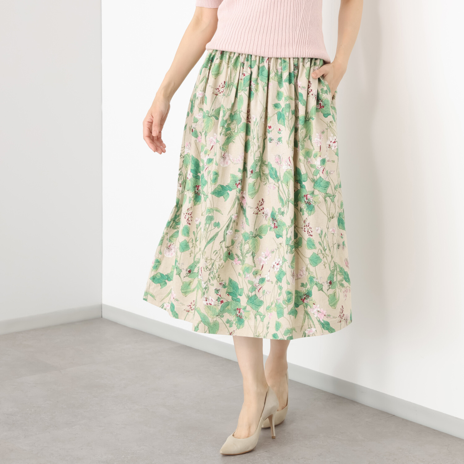 マルティジャーニ 日本製　匠の技 リネンコットン ボタニカルプリント スカート