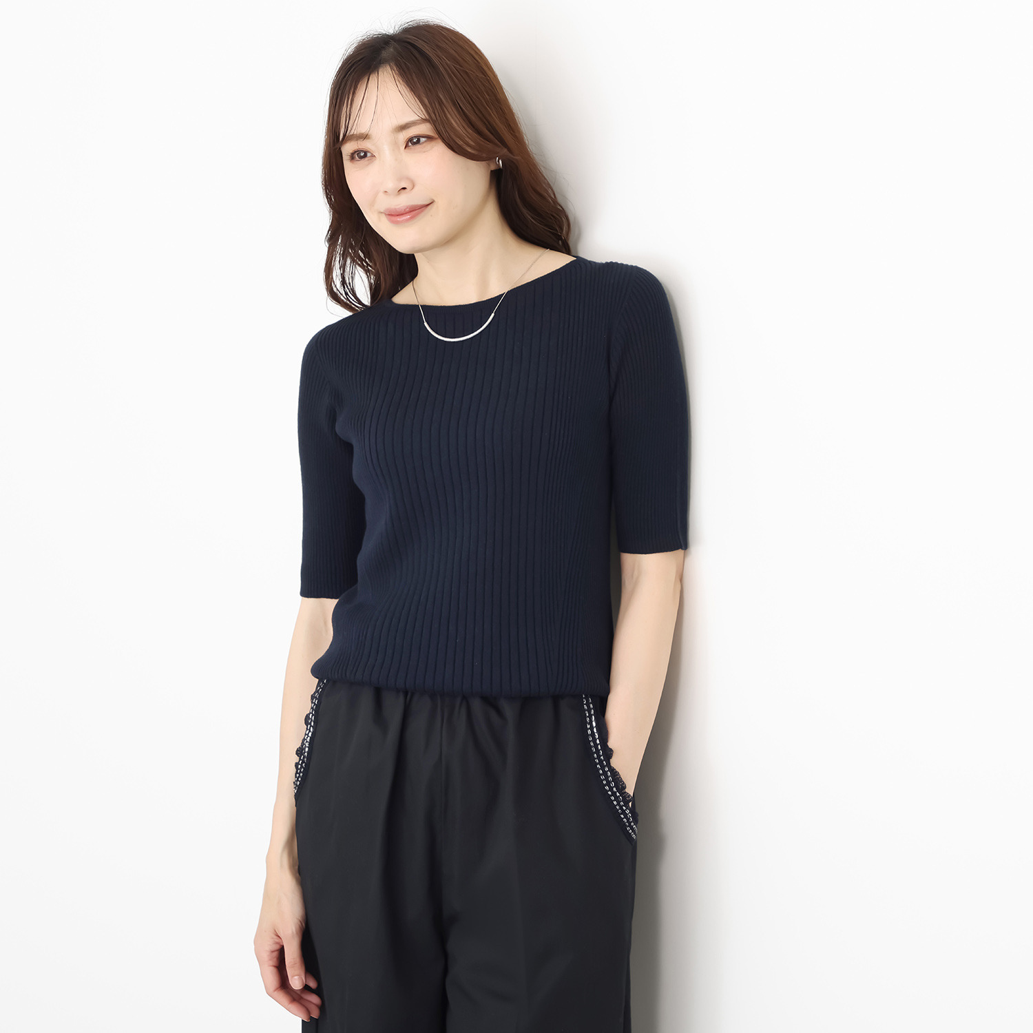 マルティジャーニ 日本製　匠の技　立体編 コットンリネンラミー ランダムリブ 五分袖プルオーバー