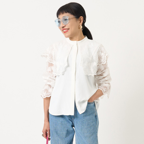 ミューリエ 大人の華やぎ レーストレンド ウイングカラーブラウス