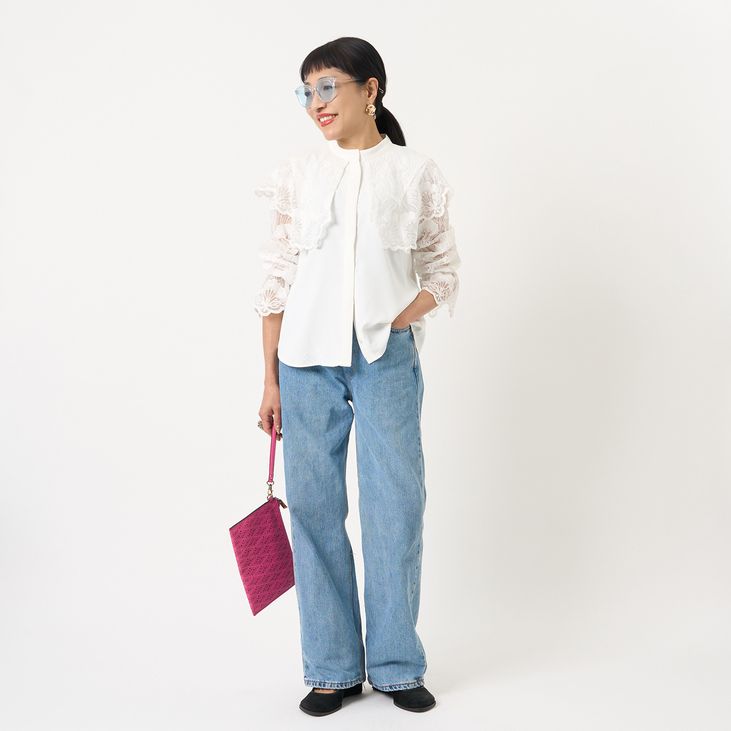 ミューリエ 大人の華やぎ レーストレンド ウイングカラーブラウス