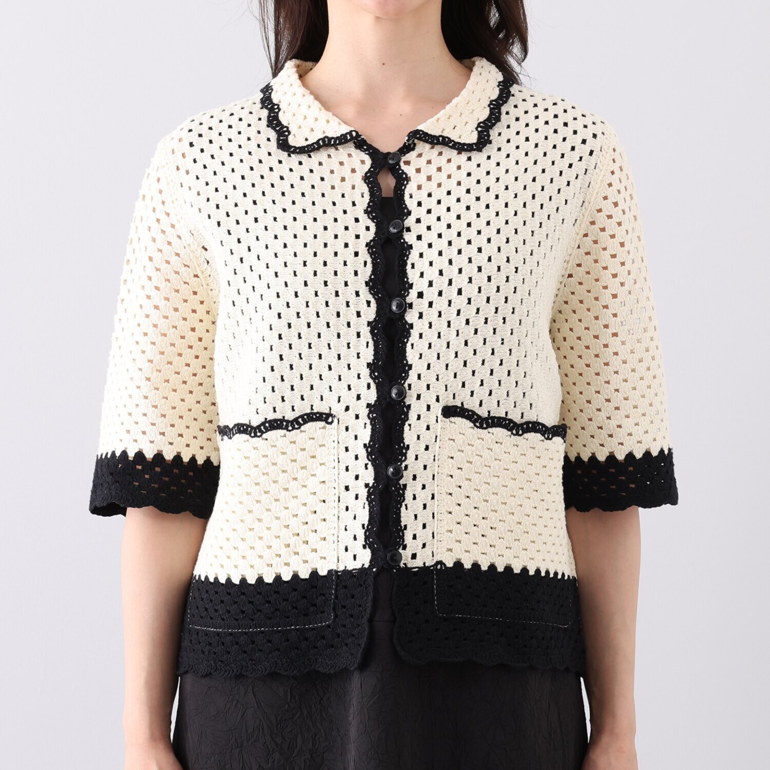 ミューリエ 都会派クラフト かぎ針編み風 デザインカーディガン