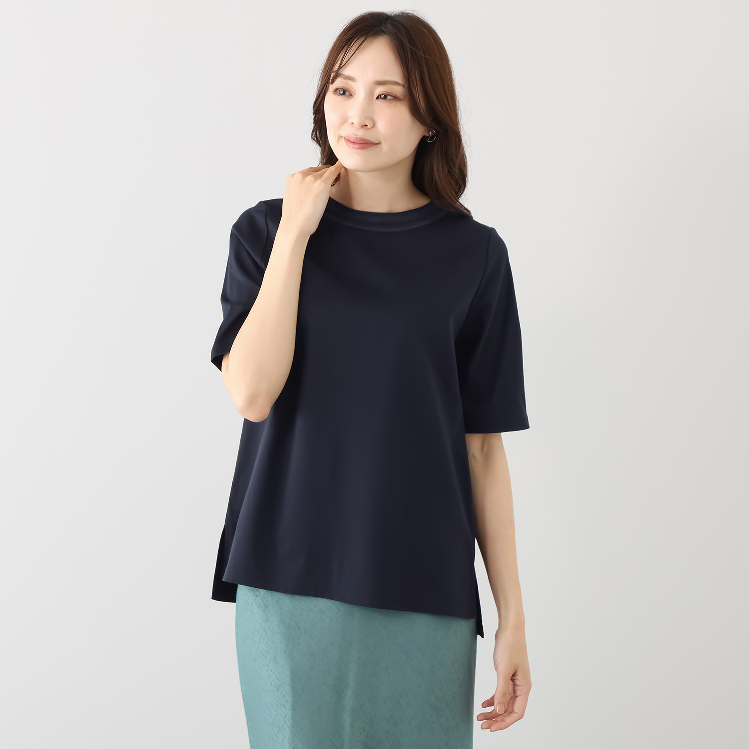 バーチ　ドゥエ 接触冷感 ギザ超長綿ブレンド シルケットスムース シアーボーダー柄 五分袖プルオーバー