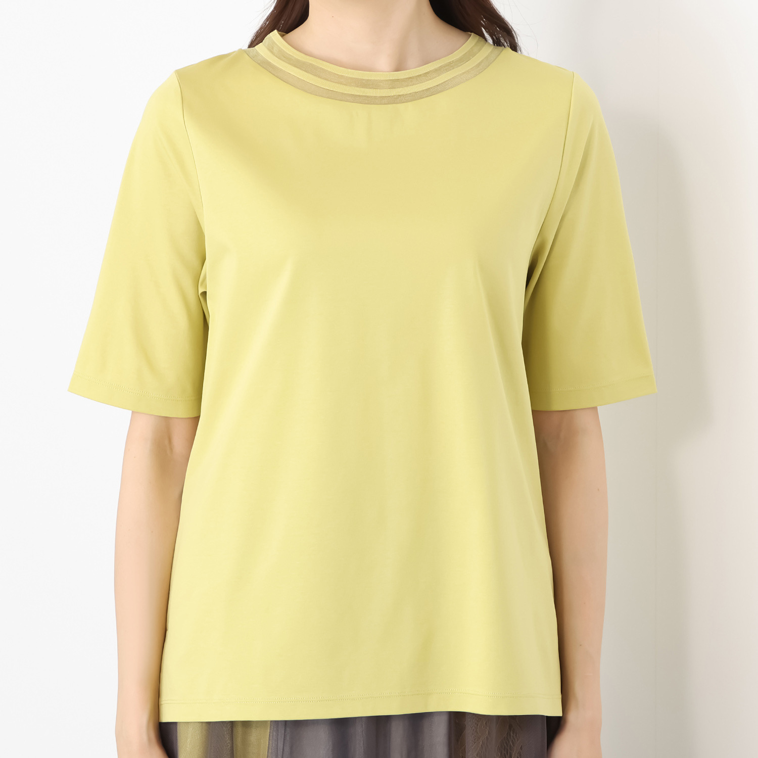 バーチ　ドゥエ 接触冷感 ギザ超長綿ブレンド シルケットスムース シアーボーダー柄 五分袖プルオーバー