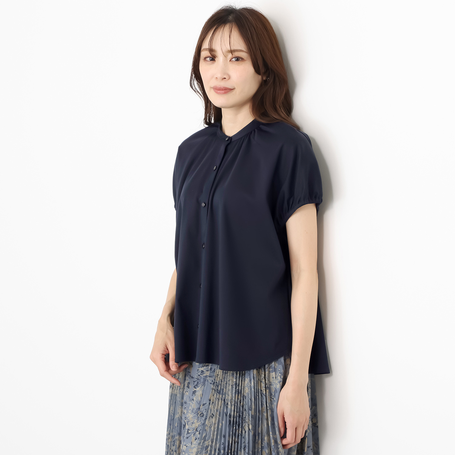 バーチ　ドゥエ 接触冷感 ギザ超長綿ブレンド シルケットスムース パフスリーブ オーバーシャツブラウス