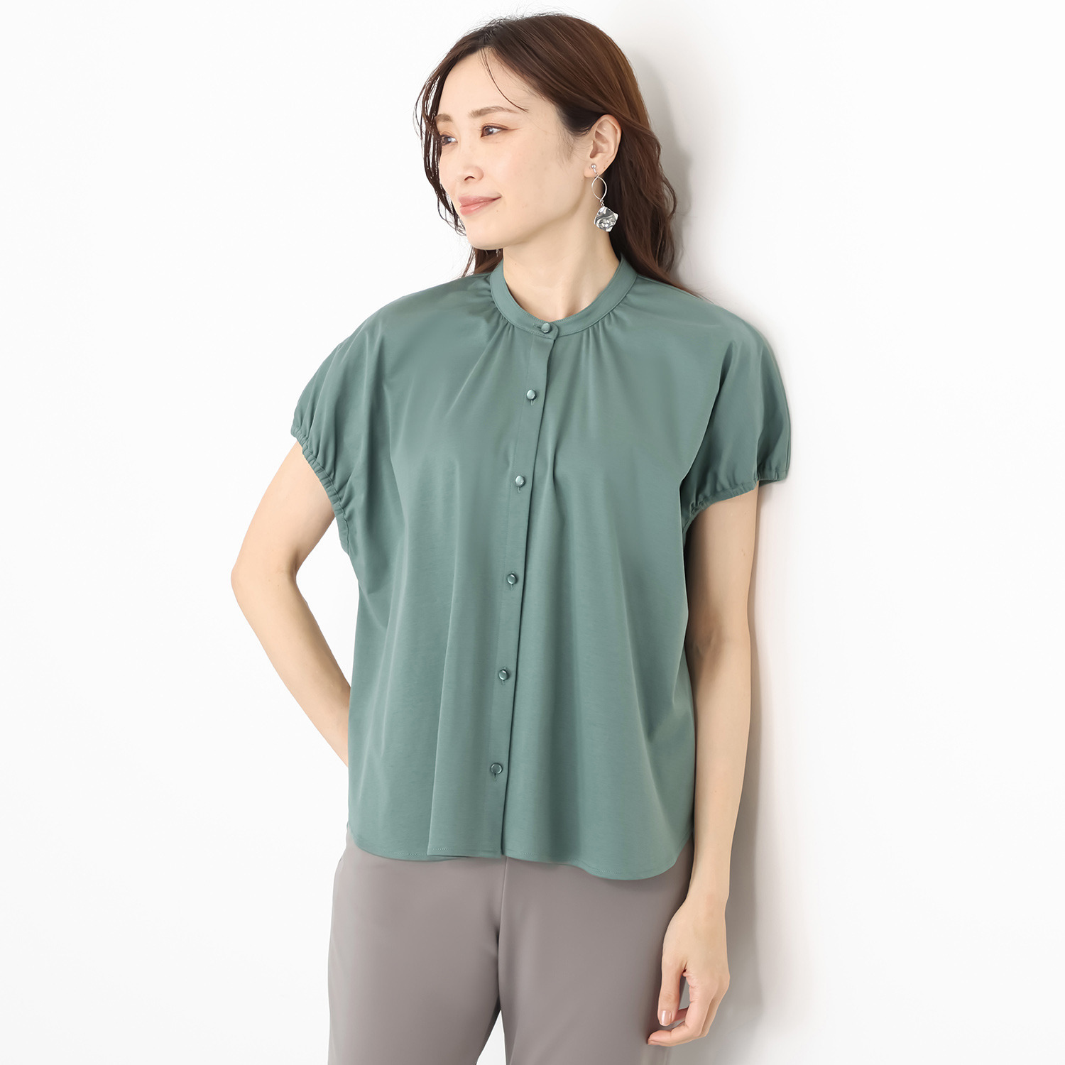 バーチ　ドゥエ 接触冷感 ギザ超長綿ブレンド シルケットスムース パフスリーブ オーバーシャツブラウス