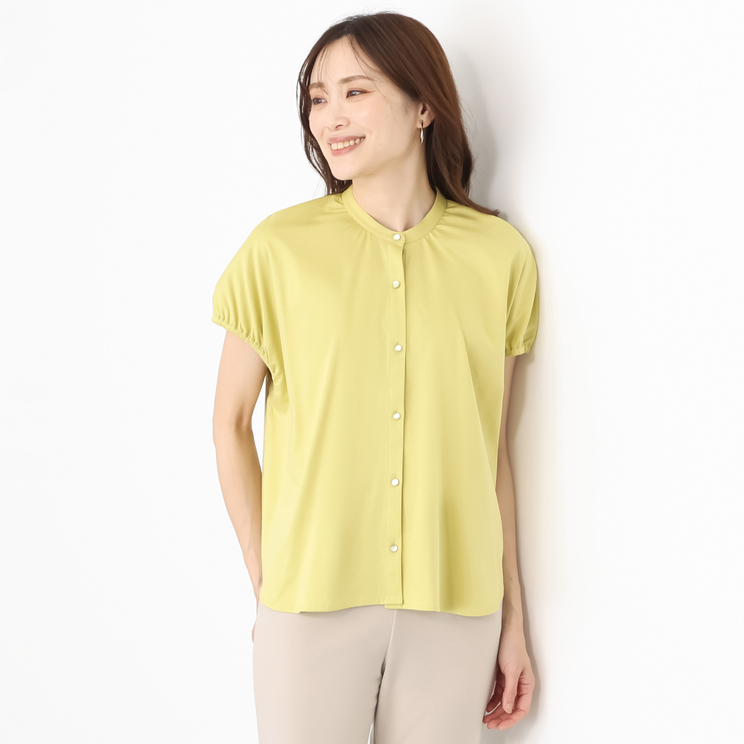 バーチ　ドゥエ 接触冷感 ギザ超長綿ブレンド シルケットスムース パフスリーブ オーバーシャツブラウス