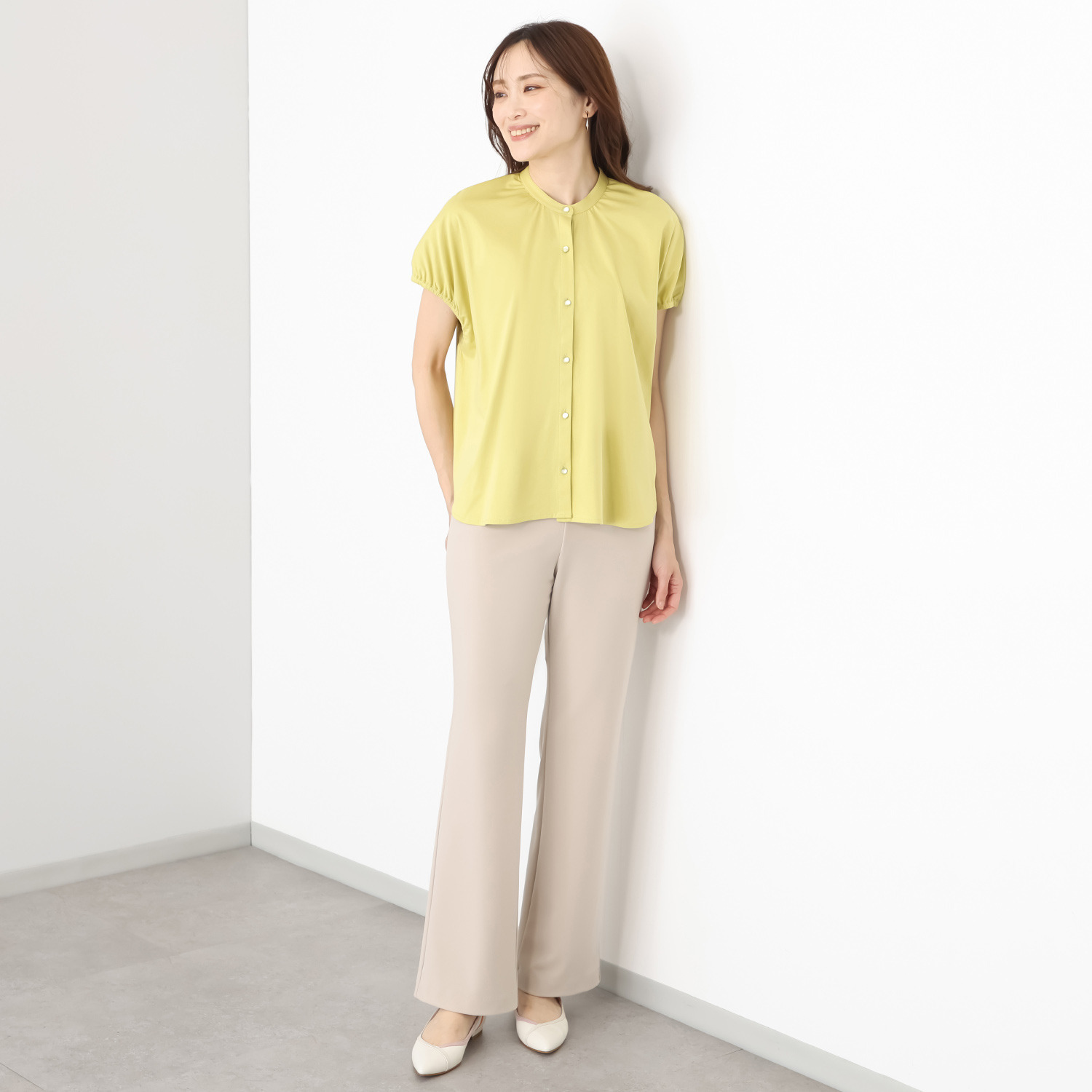 バーチ　ドゥエ 接触冷感 ギザ超長綿ブレンド シルケットスムース パフスリーブ オーバーシャツブラウス