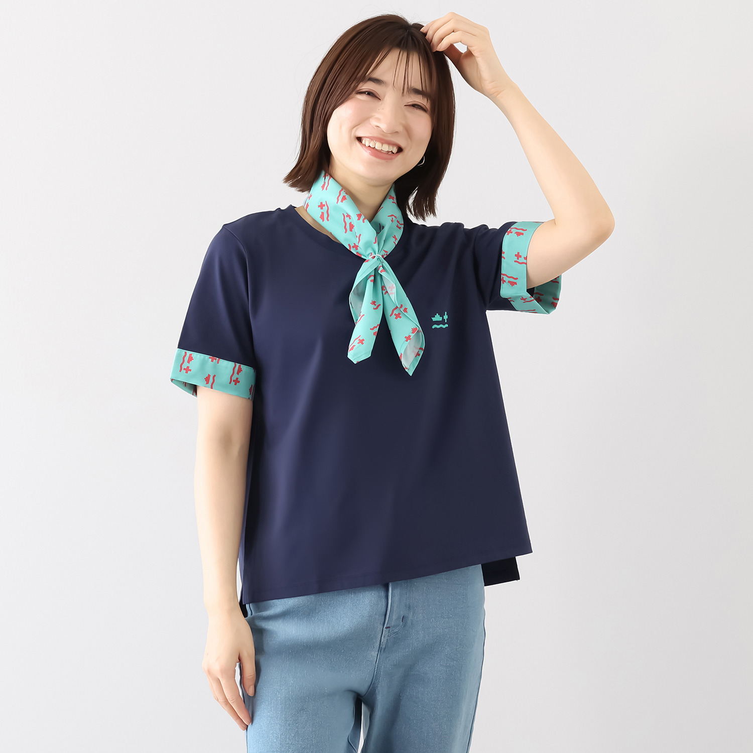 ポッシュボーイ バンダナ付 異素材切替 刺しゅうプルオーバー