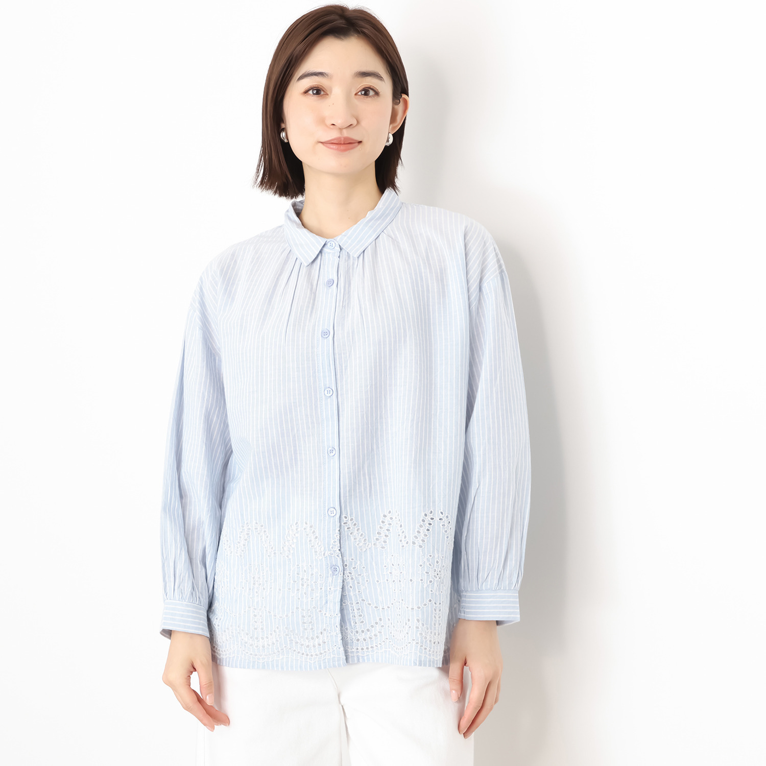 エムエムオー ストライプ 刺しゅうアクセント ブラウス