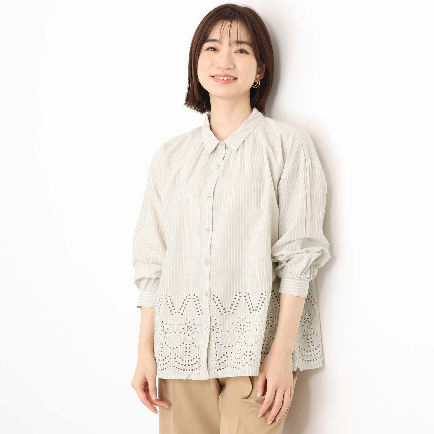 エムエムオー ストライプ 刺しゅうアクセント ブラウス