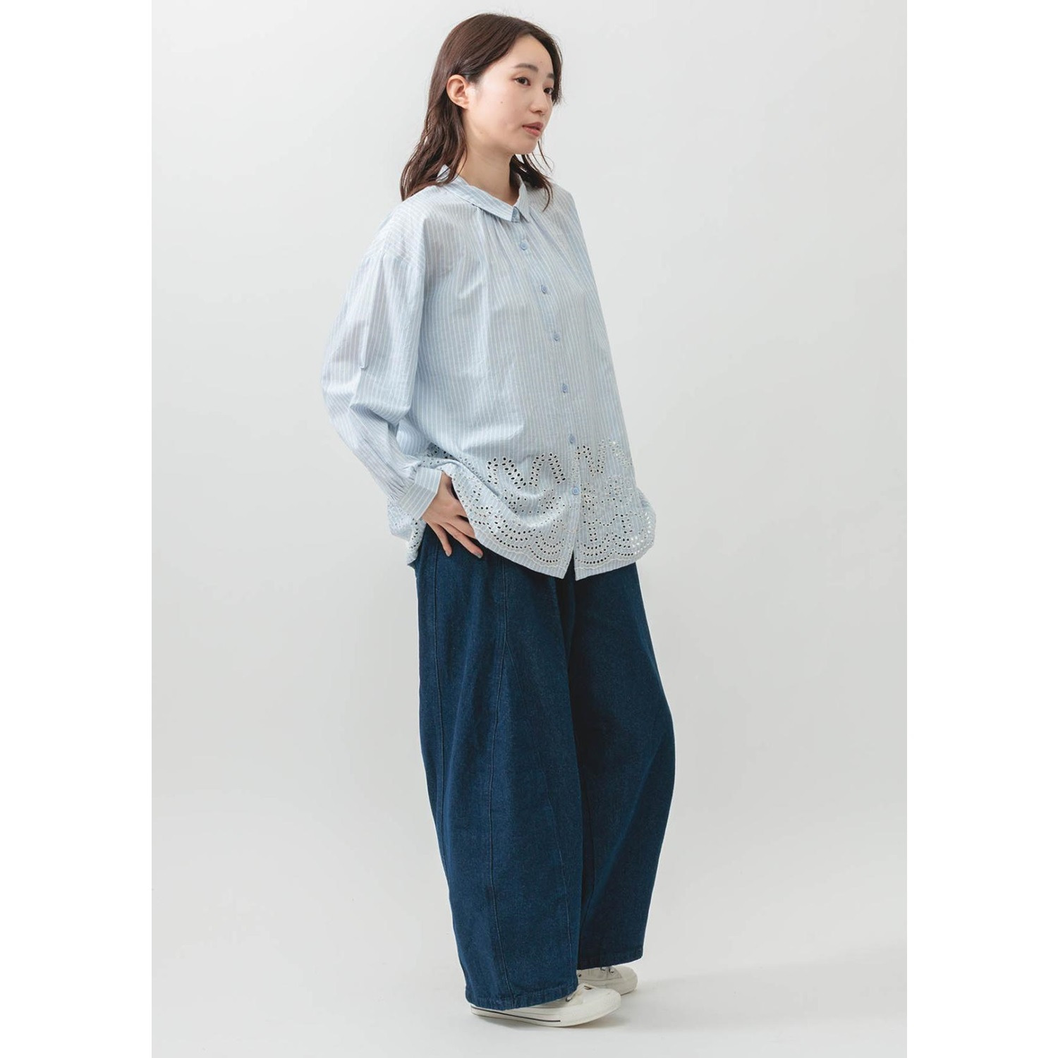 エムエムオー ストライプ 刺しゅうアクセント ブラウス