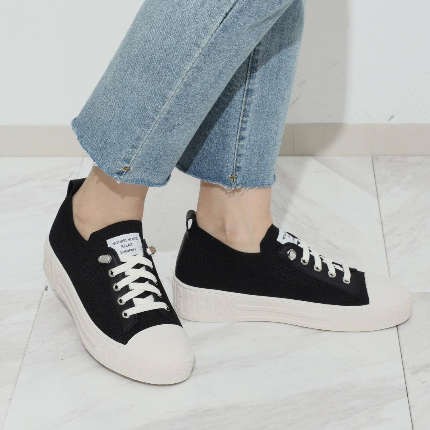 ヌーベルヴォーグ リュクスライン 牛革アクセント ニットスニーカー