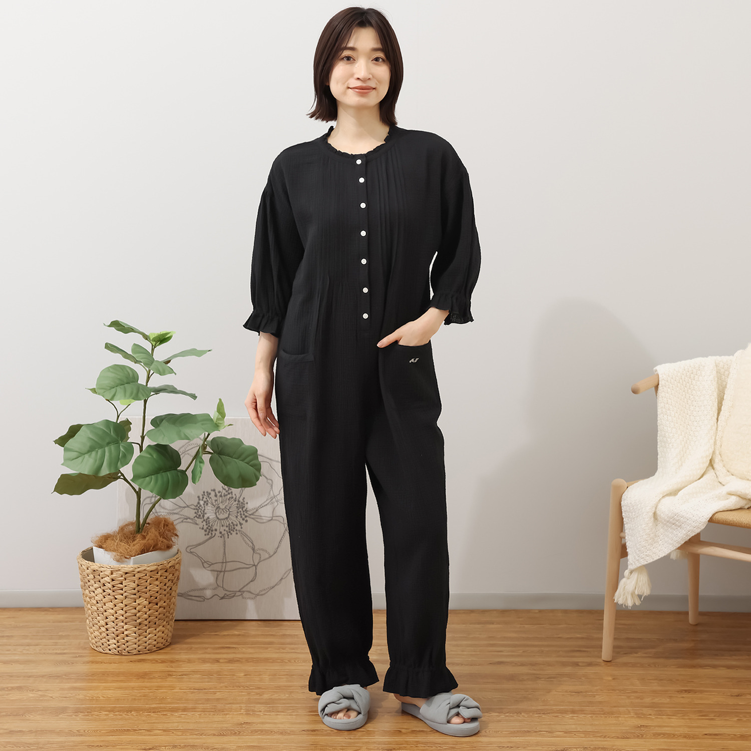 ナルエー 綿１００％ シュークリームガーゼＲ オールインワン