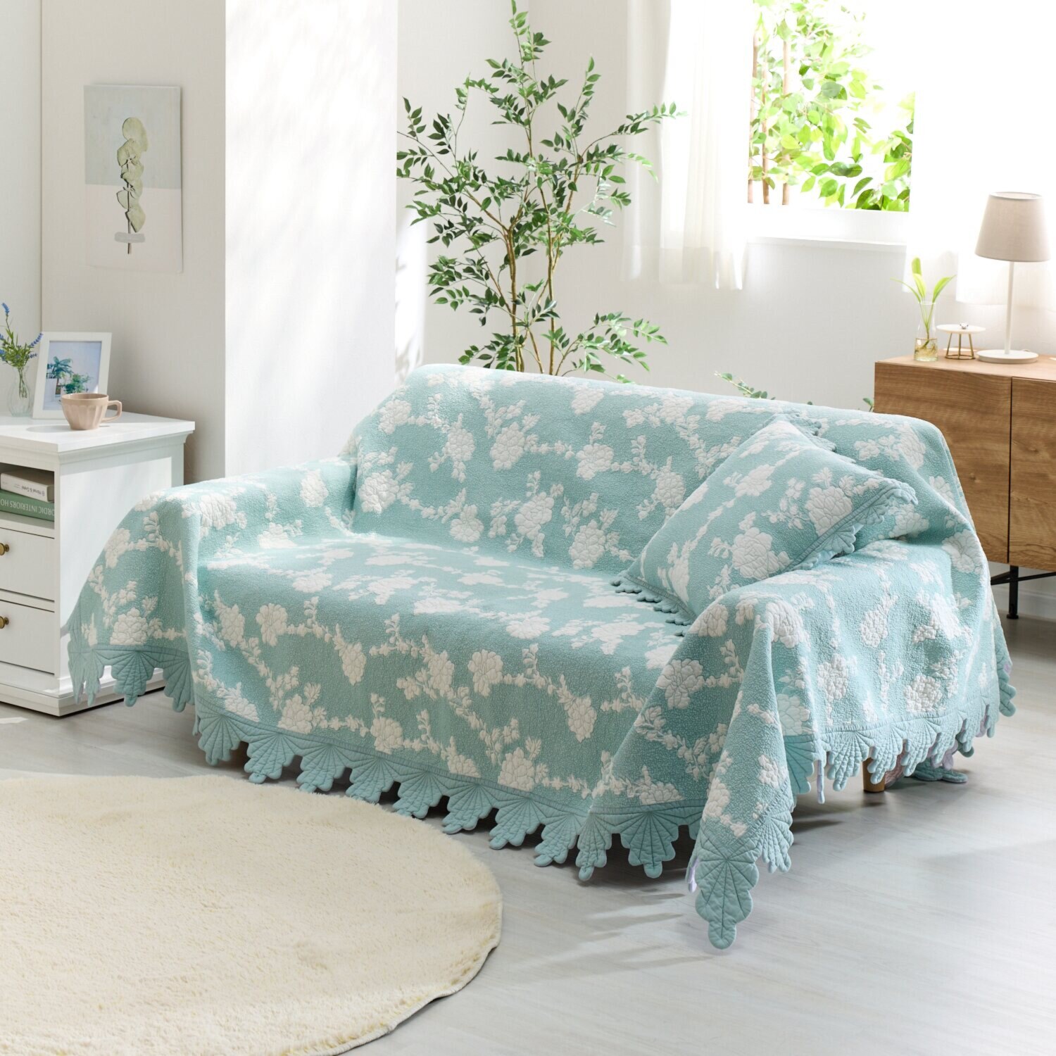 ラ・コトンメルル 綿が気持ちいい マスカットスカラップ キルトマルチカバー ＜１９０×２４０ｃｍ＞