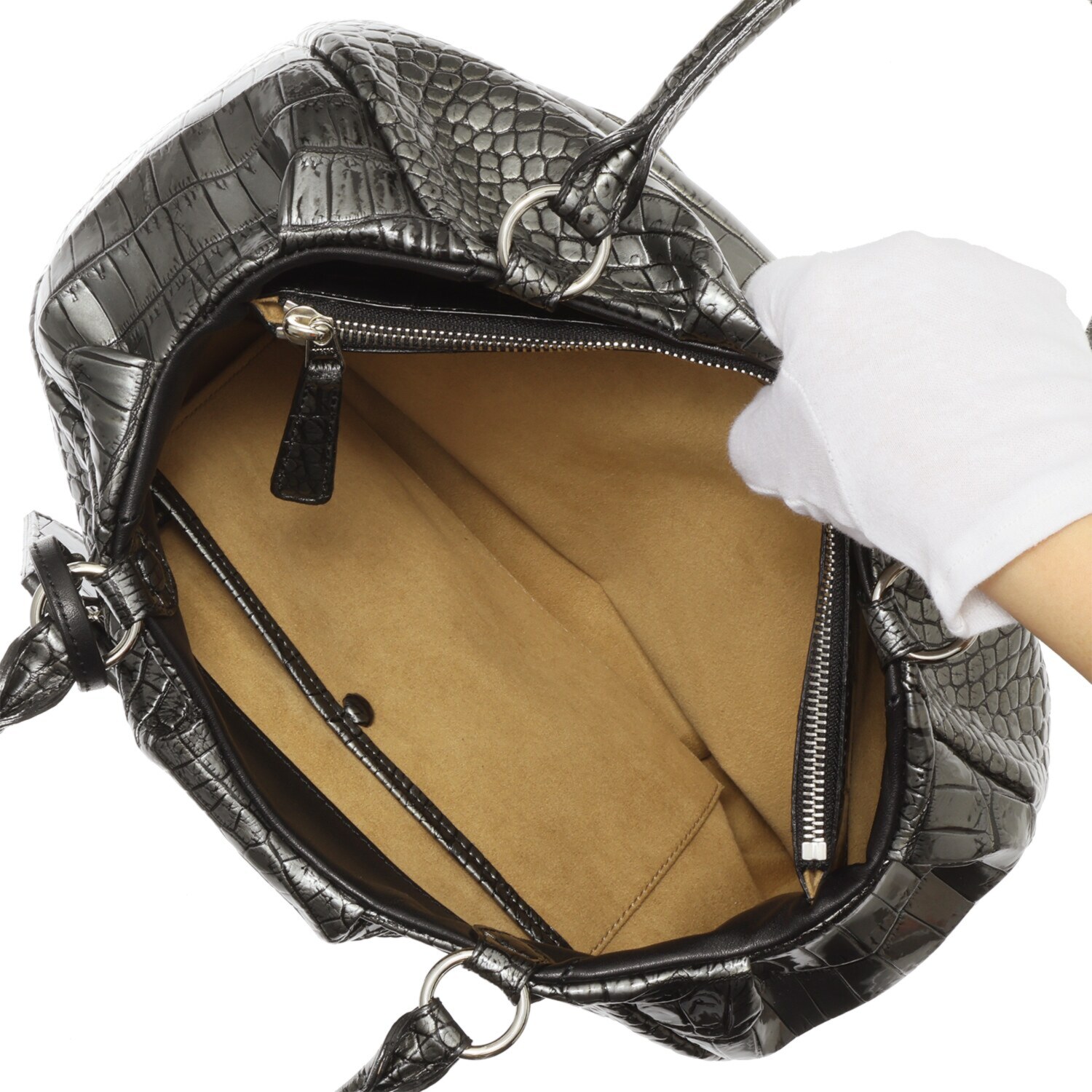 グラスクォーツ 日本製 クロコダイル キーリングストラップ付 トートバッグ “ヴェロリア”