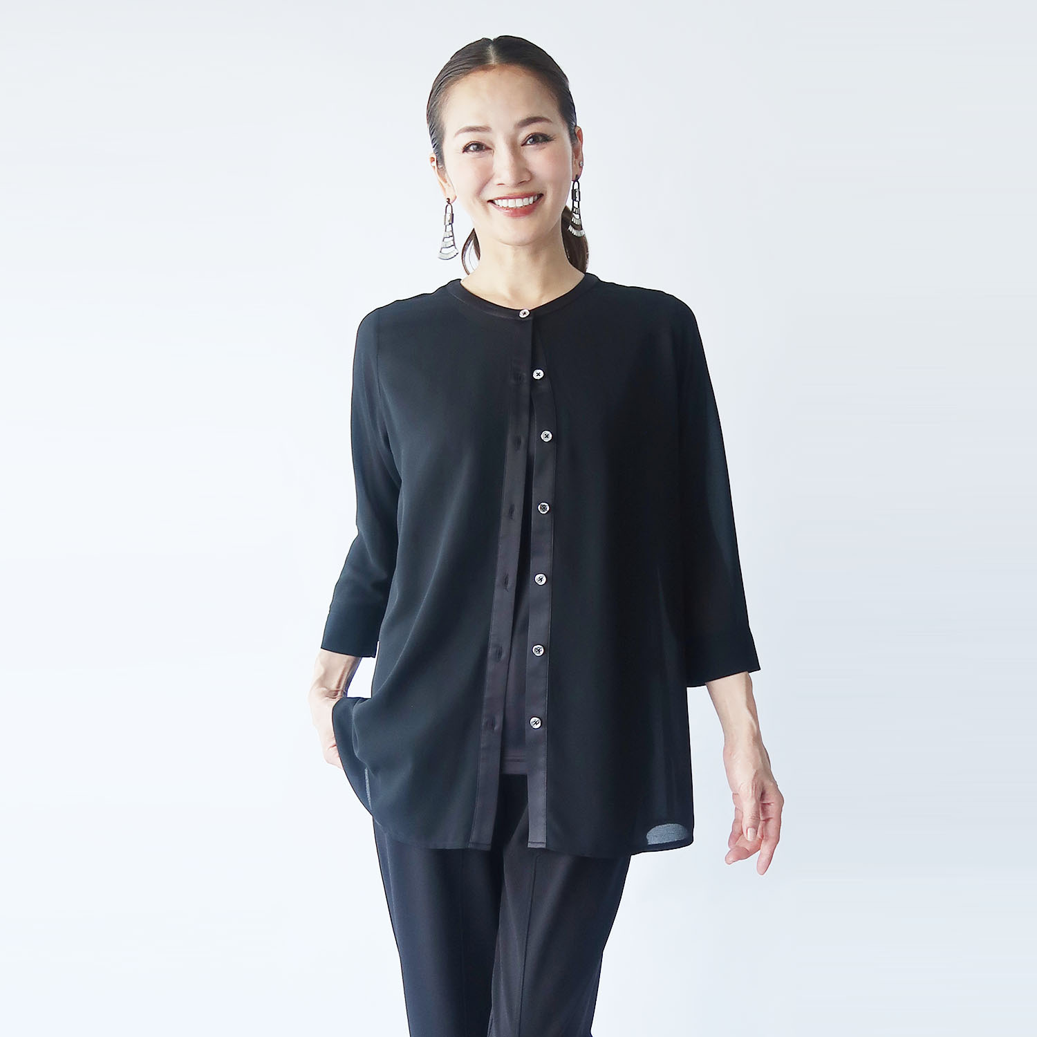 フーア サテントリミング シフォン ロングカーディガン