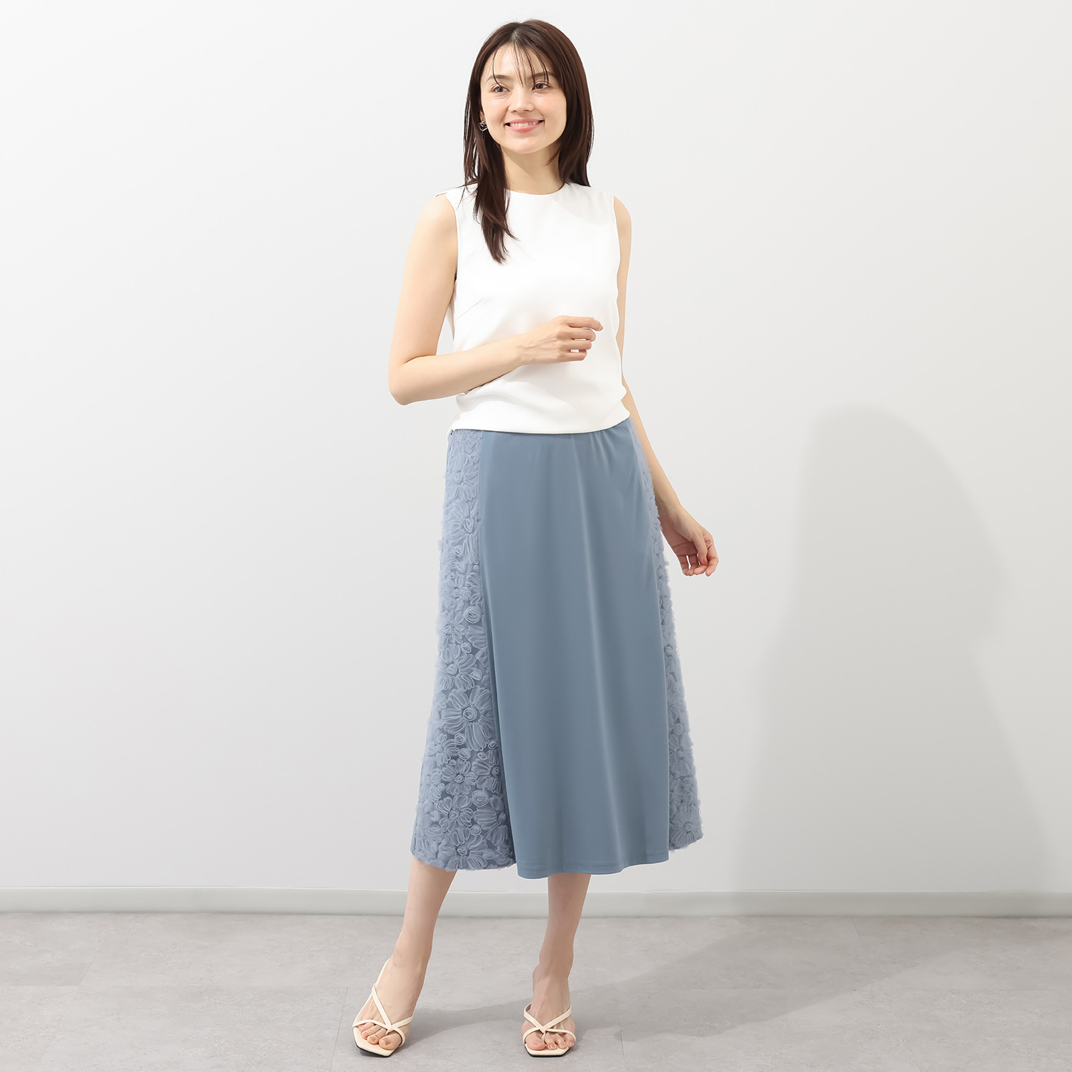 メゾン馬里邑 花柄チュールレース切替 ハイストレッチ ポンチローマ スカート