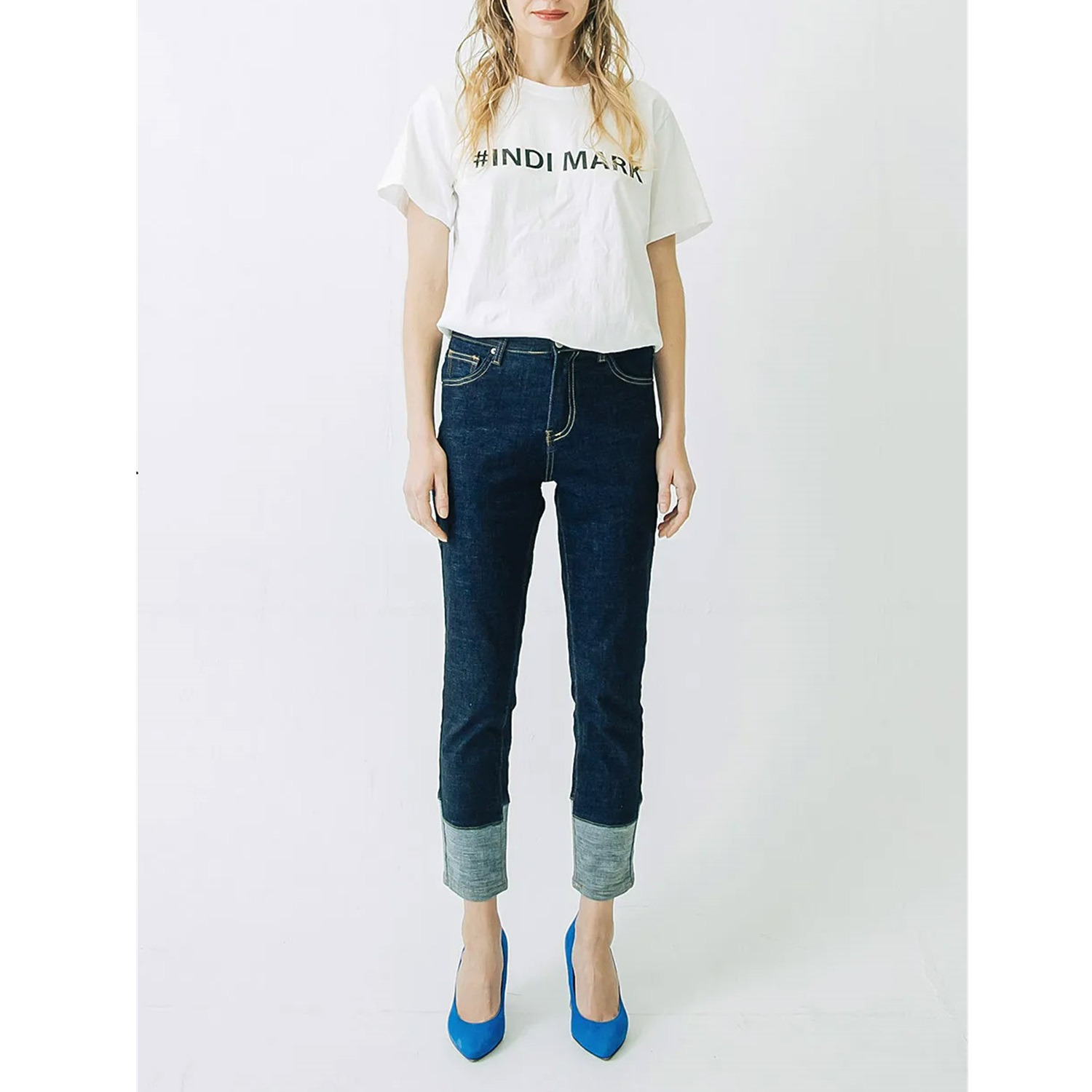 インディマーク 折り返し風デザイン ボーイフレンド デニムパンツ