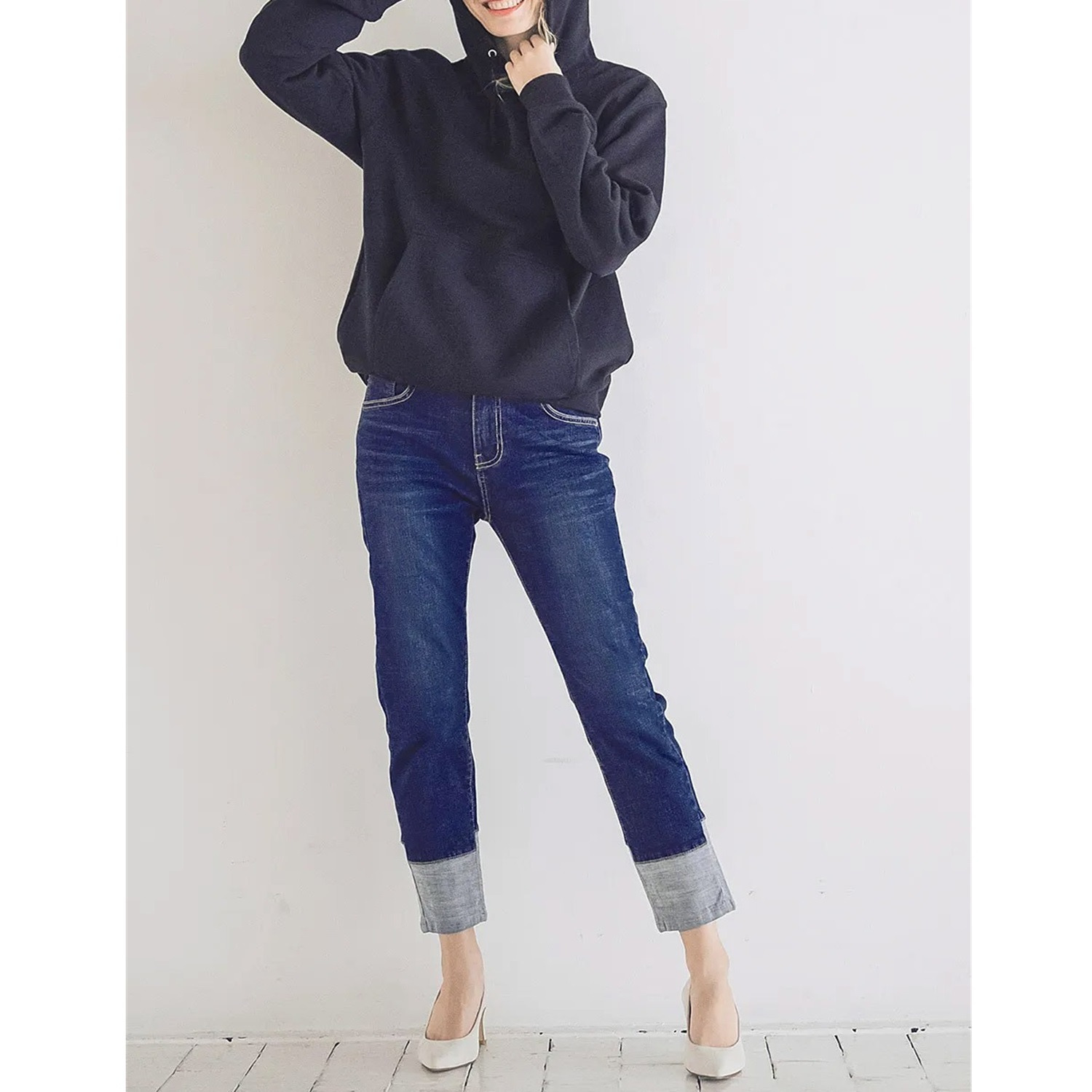 インディマーク 折り返し風デザイン ボーイフレンド デニムパンツ