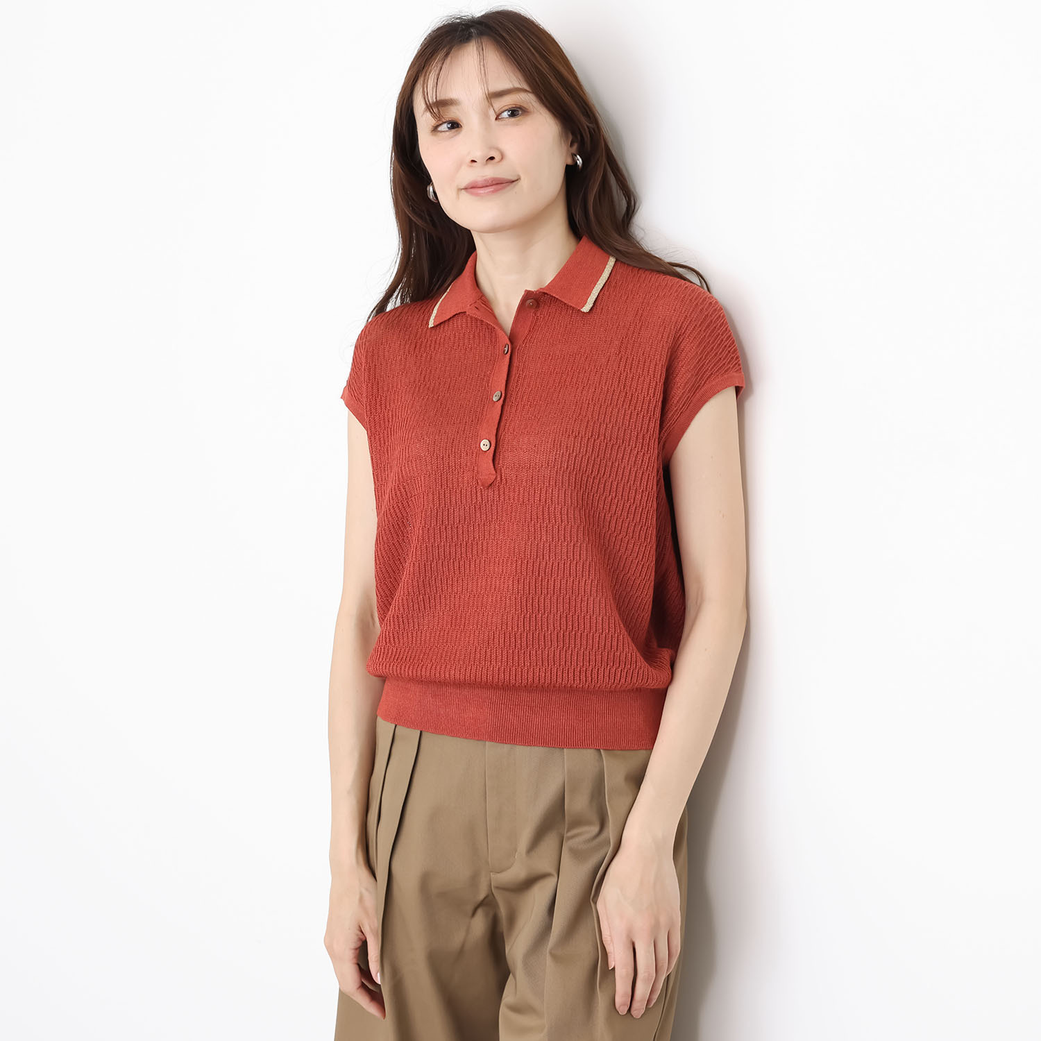 アズイズ　ビーマイセルフ バイ　ネイチャーズ リネン サーマル柄　ポロ襟 フレンチスリーブ プルオーバー