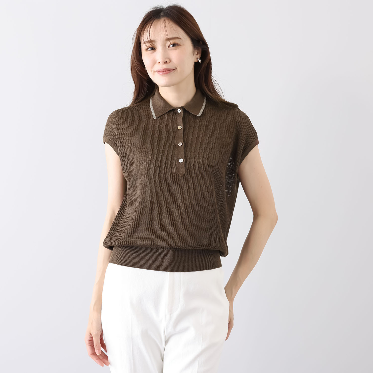 アズイズ　ビーマイセルフ バイ　ネイチャーズ リネン サーマル柄　ポロ襟 フレンチスリーブ プルオーバー