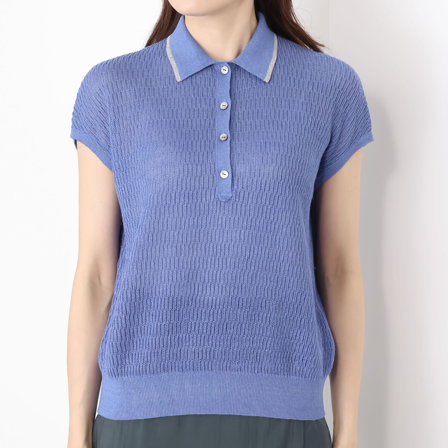 アズイズ　ビーマイセルフ バイ　ネイチャーズ リネン サーマル柄　ポロ襟 フレンチスリーブ プルオーバー