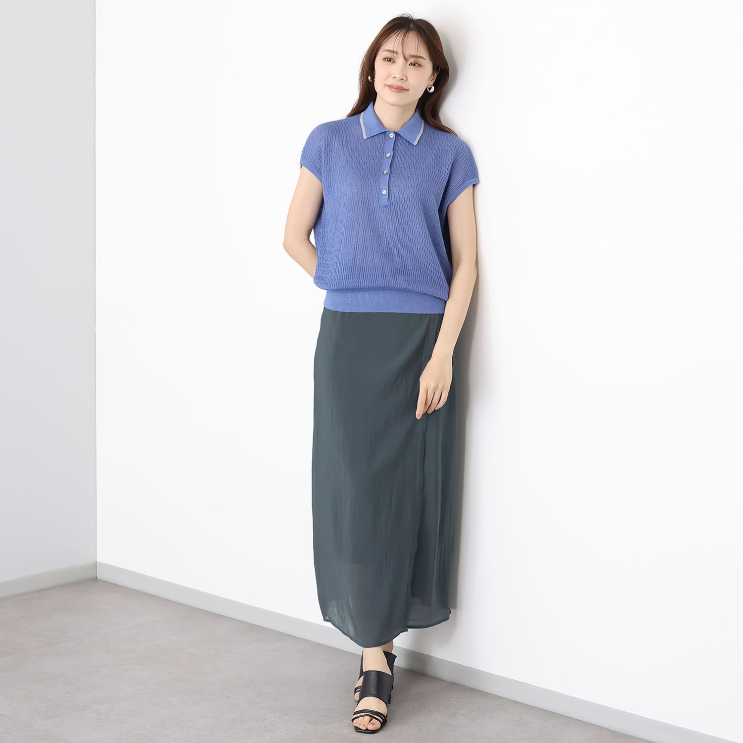 アズイズ　ビーマイセルフ バイ　ネイチャーズ リネン サーマル柄　ポロ襟 フレンチスリーブ プルオーバー