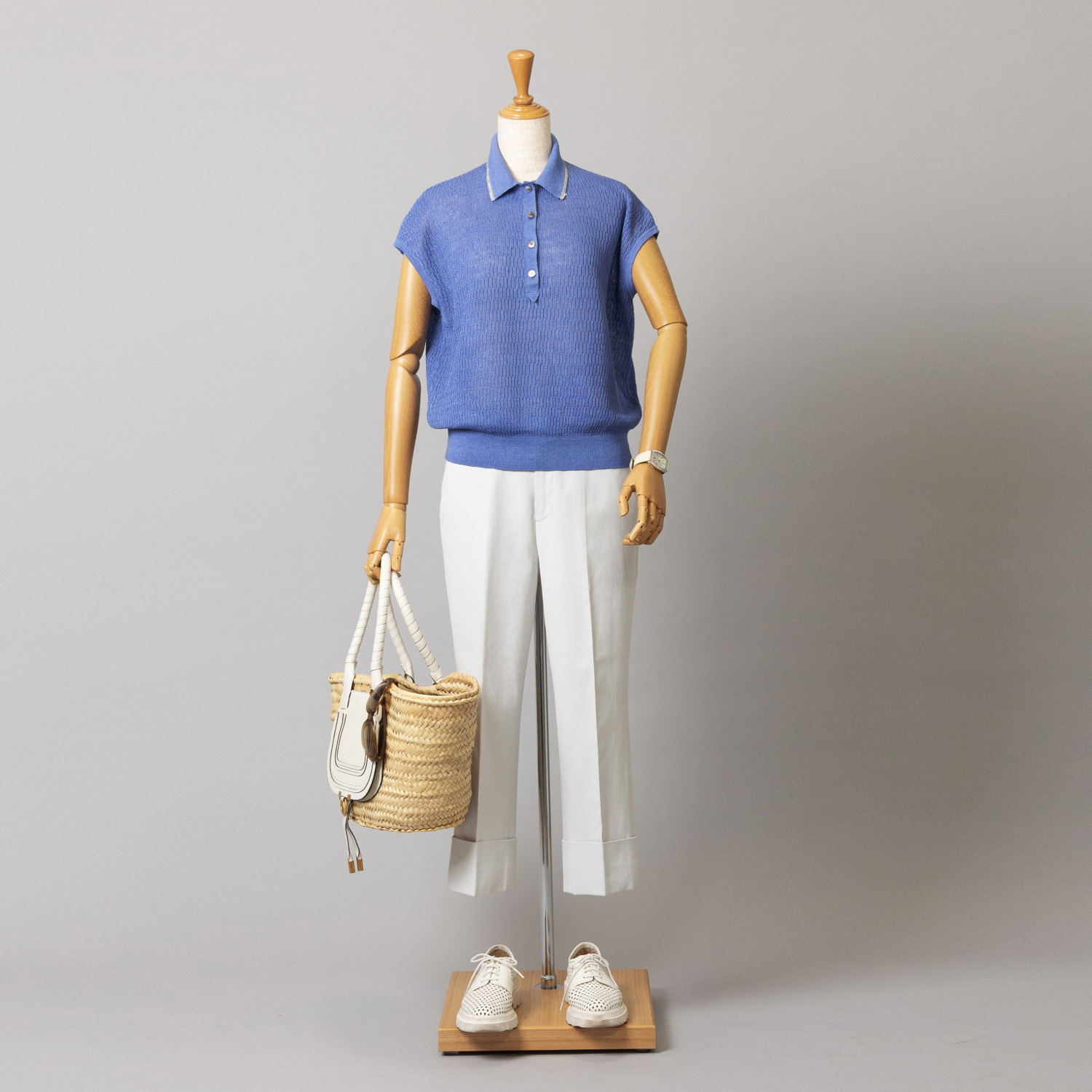 アズイズ　ビーマイセルフ バイ　ネイチャーズ リネン サーマル柄　ポロ襟 フレンチスリーブ プルオーバー