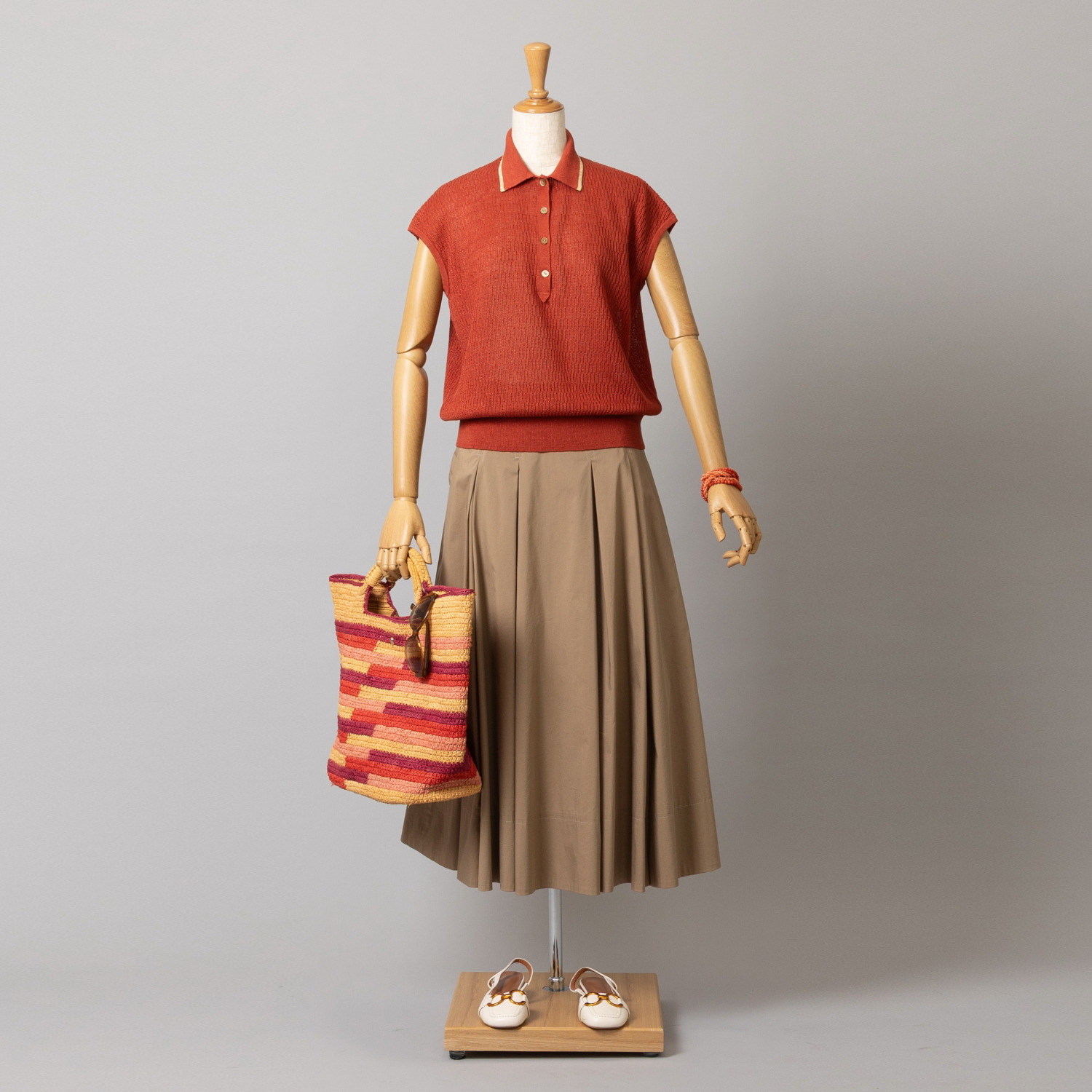 アズイズ　ビーマイセルフ バイ　ネイチャーズ リネン サーマル柄　ポロ襟 フレンチスリーブ プルオーバー