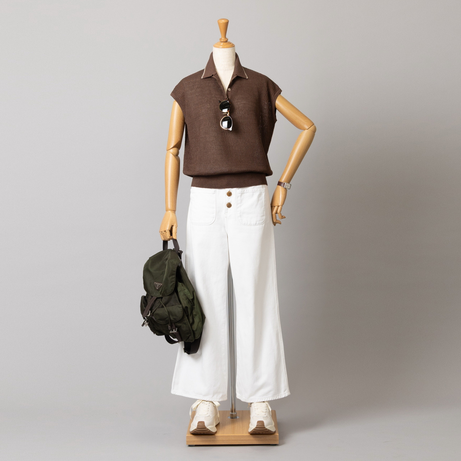 アズイズ　ビーマイセルフ バイ　ネイチャーズ リネン サーマル柄　ポロ襟 フレンチスリーブ プルオーバー