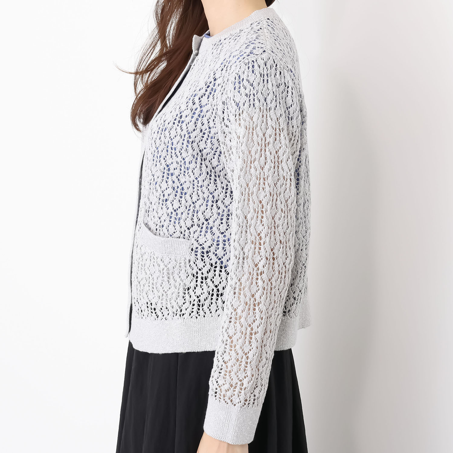 アズイズ　ビーマイセルフ バイ　ネイチャーズ リネン混 ラメ入り 透かし柄カーディガン