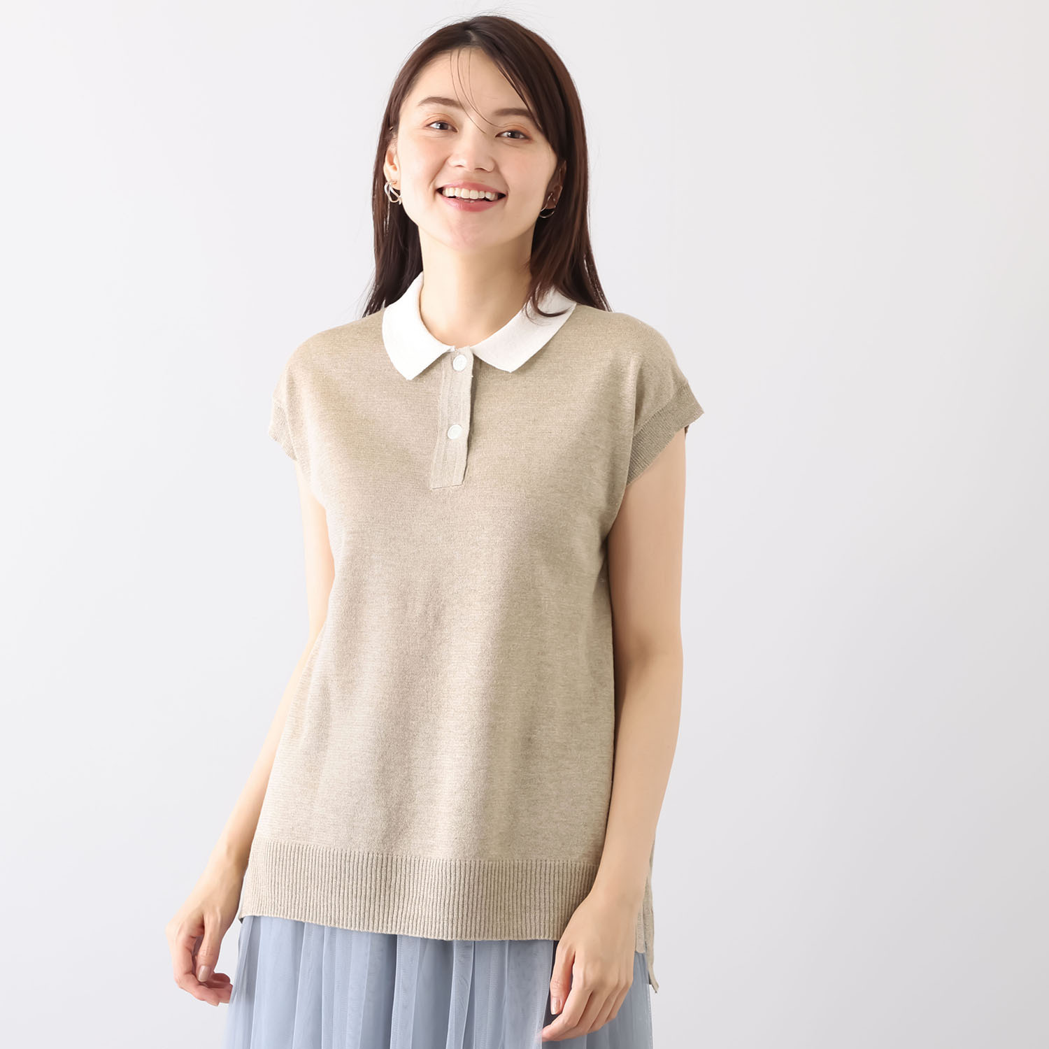 スピンブルー イタリア・ リニフィッチオ社製 蘇った奇跡のリネン 配色襟 ニットプルオーバー