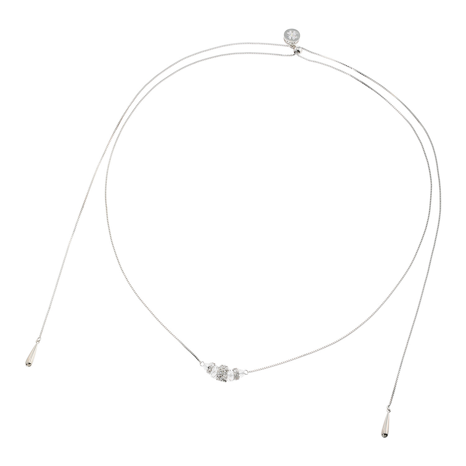 シマ・リリアーナ ＣＺ＆クリスタルガラス＆ ロッククリスタルクォーツ フラワーモティーフ ２ウェイ　スライド スーパーロングネックレス