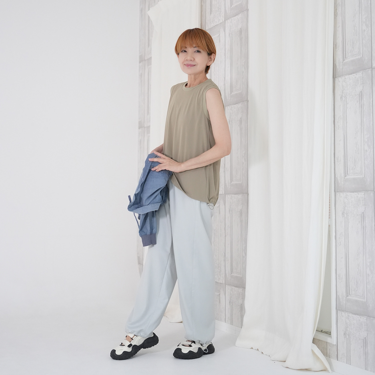 エムズ　スタイル シアージャージー 裾ドロストデザイン ノースリーブプルオーバー