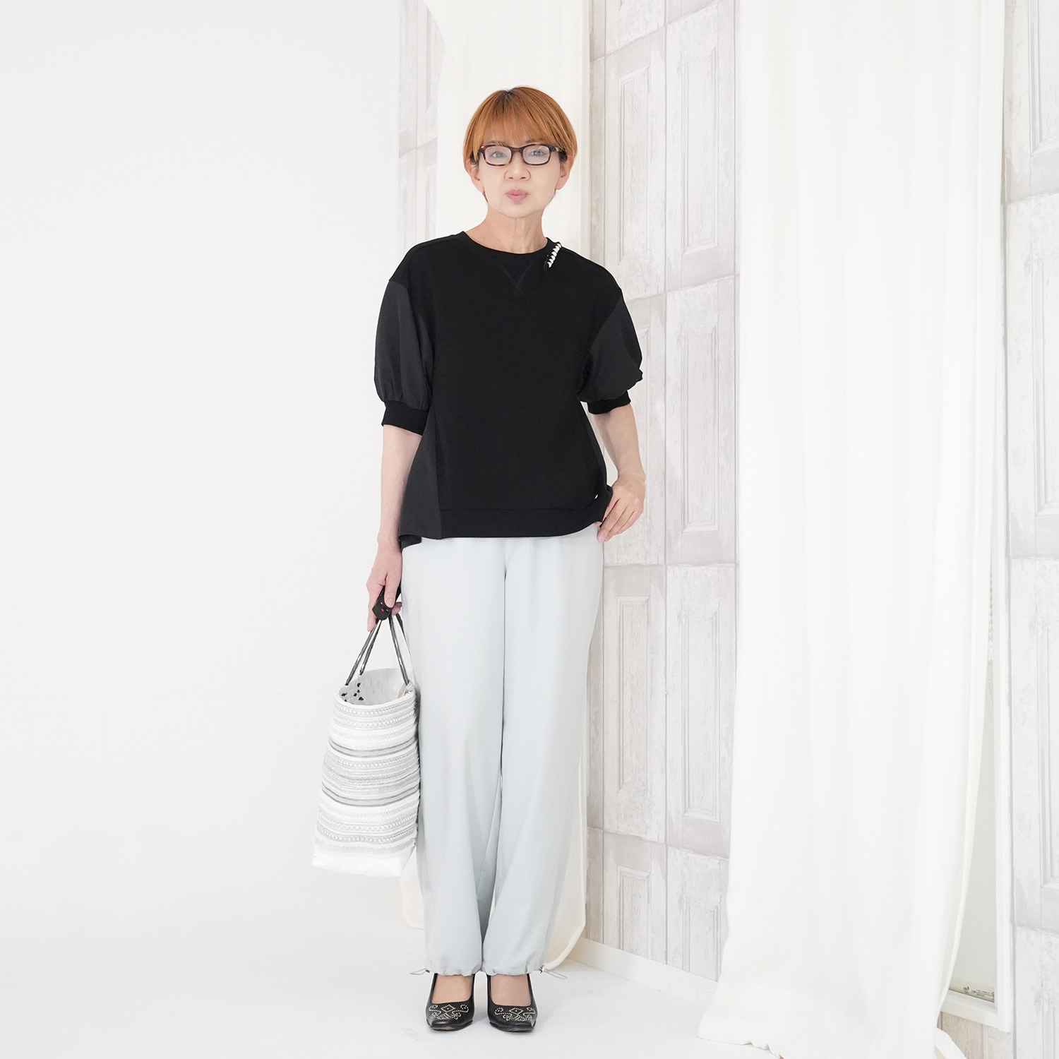 エムズ　スタイル マイクロギャバ 裾ドロストデザイン セミワイドパンツ ＜股下７０ｃｍ＞