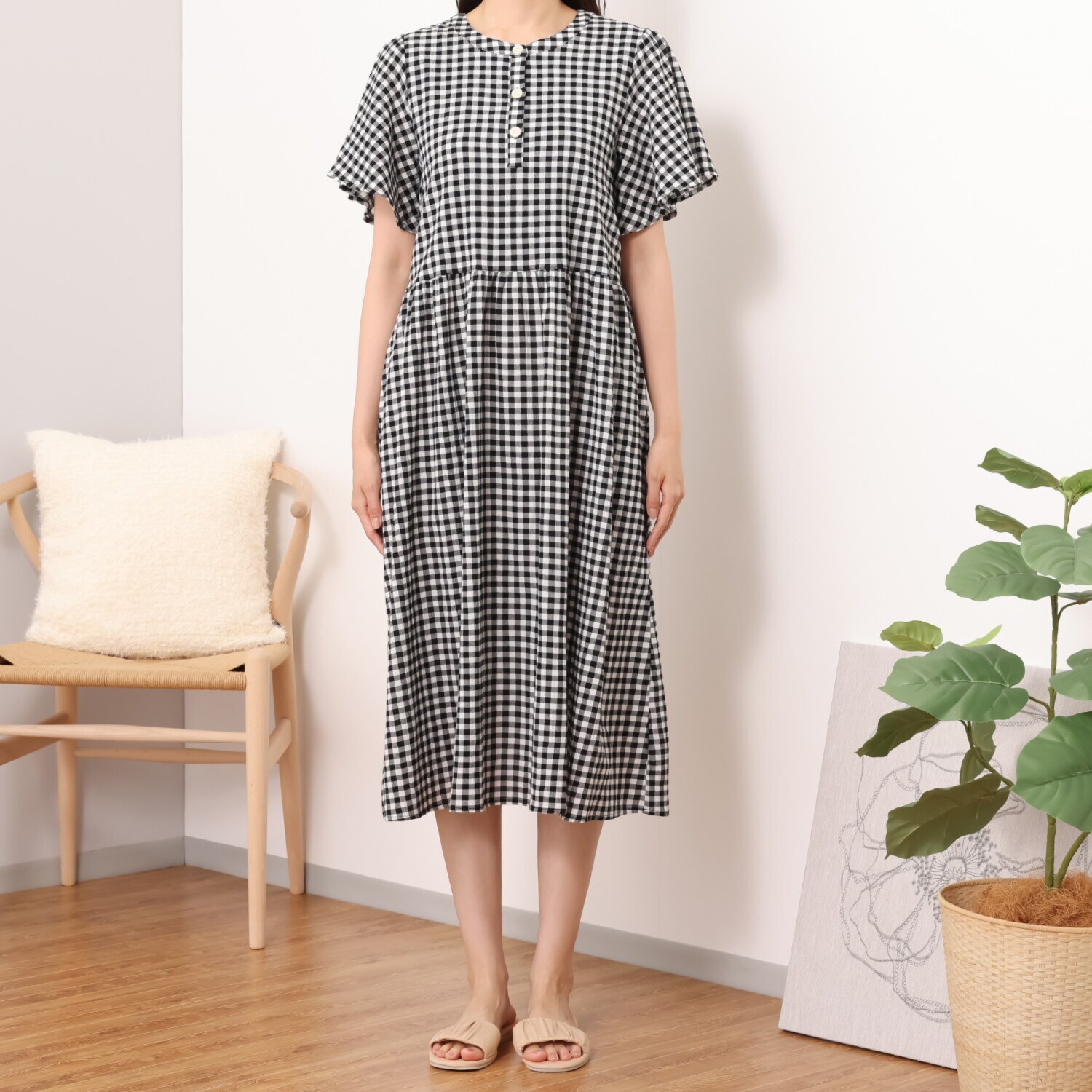 リラキュート 吸水速乾 綿１００％クレープ ヘンリーネックワンピース