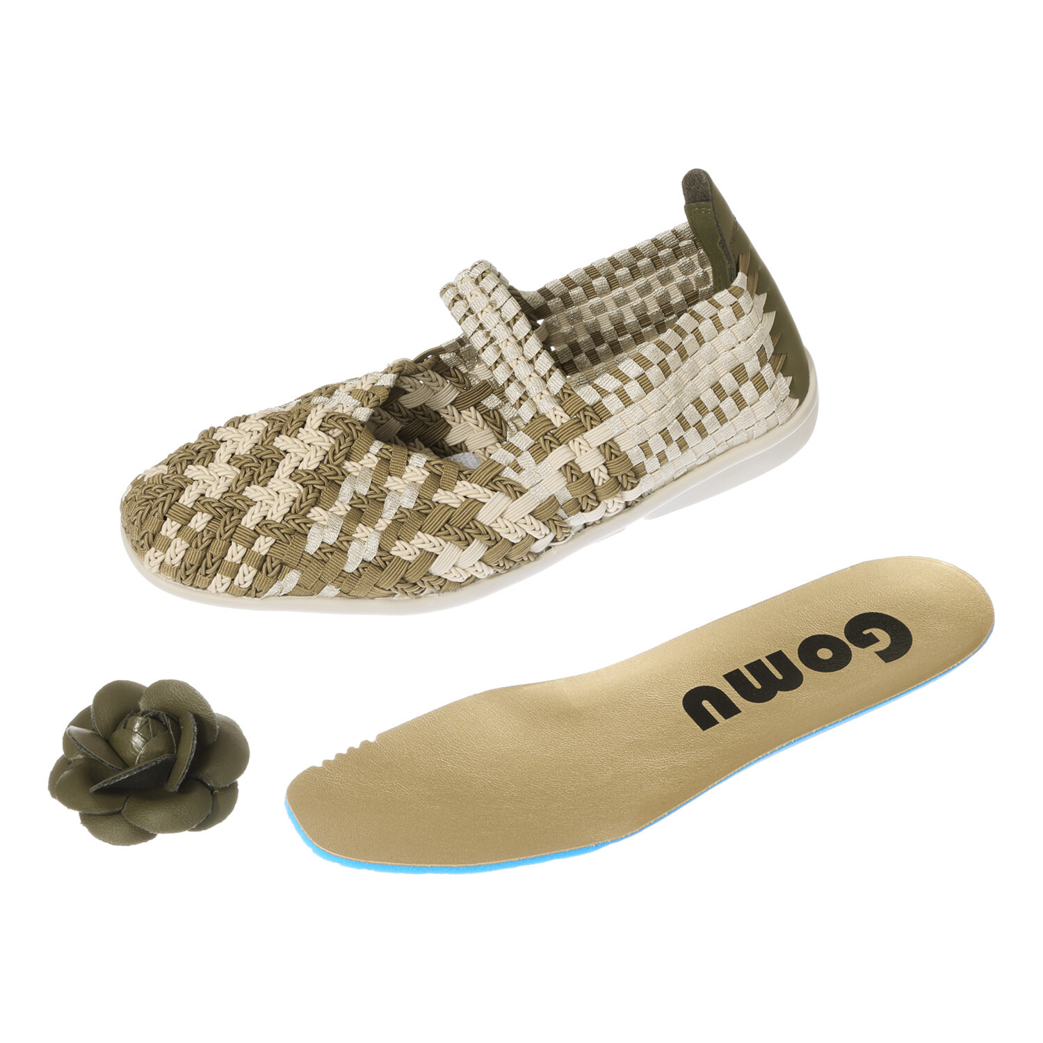 ゴムゴム 手作りコサージュ付 足に吸い付く履き心地 綺麗見せフラットシューズ