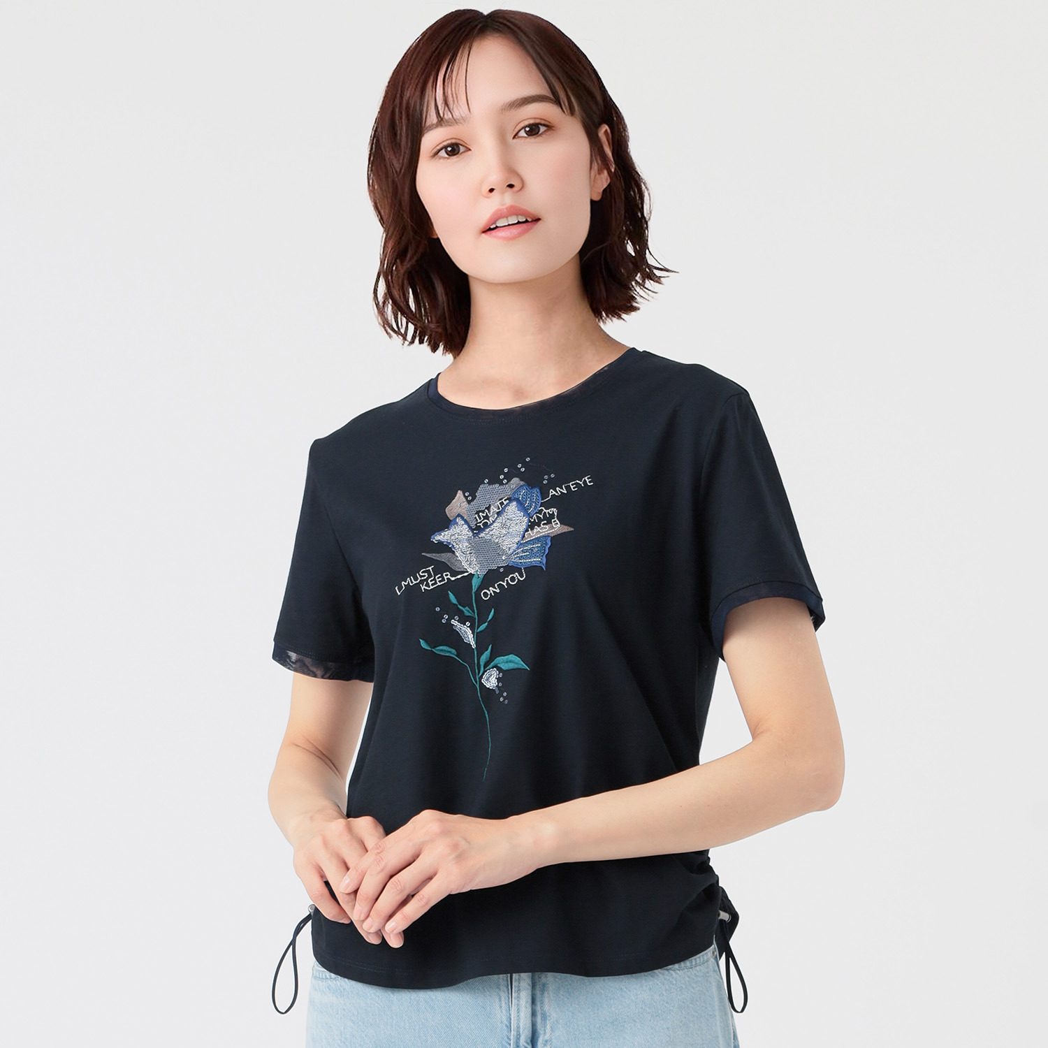ノーボノーボ ローズ刺しゅう ドローストリングデザイン Ｔシャツ