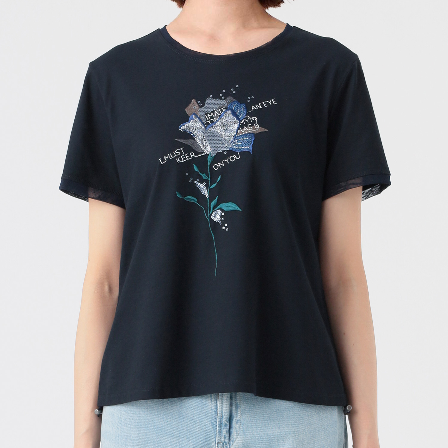 ノーボノーボ ローズ刺しゅう ドローストリングデザイン Ｔシャツ