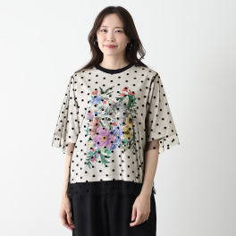 スカラー 水玉チュール重ね ネコ花柄Ｔシャツ