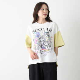 スカラー ネコ柄 バイカラーＴシャツ