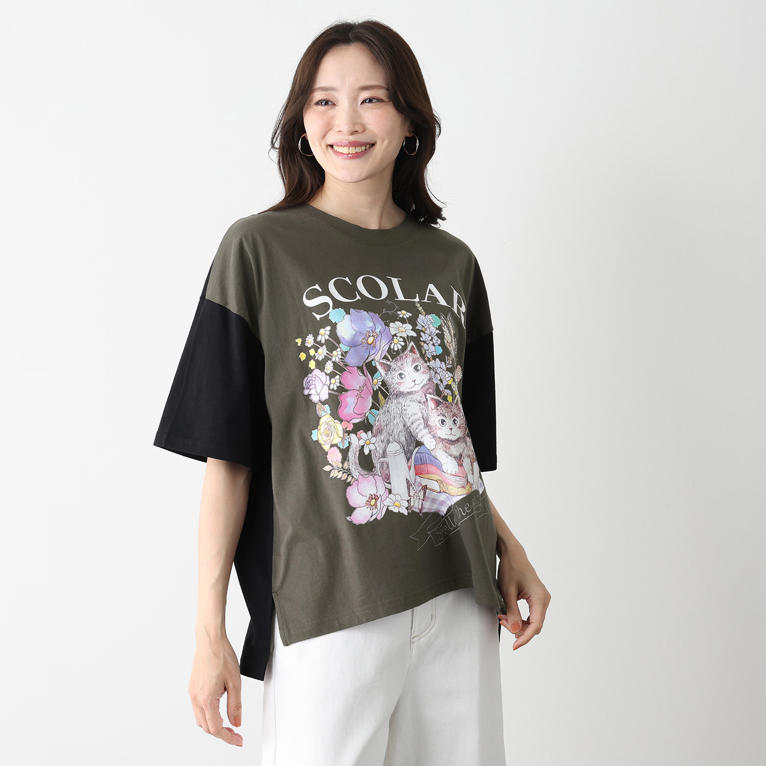スカラー ネコ柄 バイカラーＴシャツ