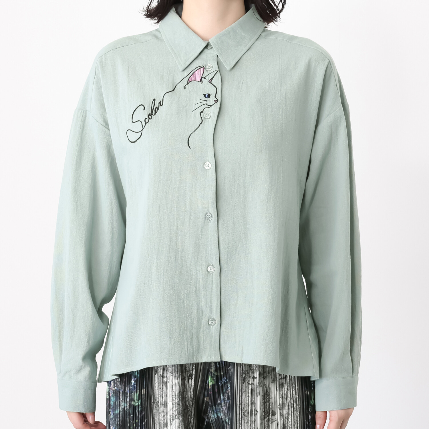 スカラー ネコ刺しゅう ストライプ切替 シャツ