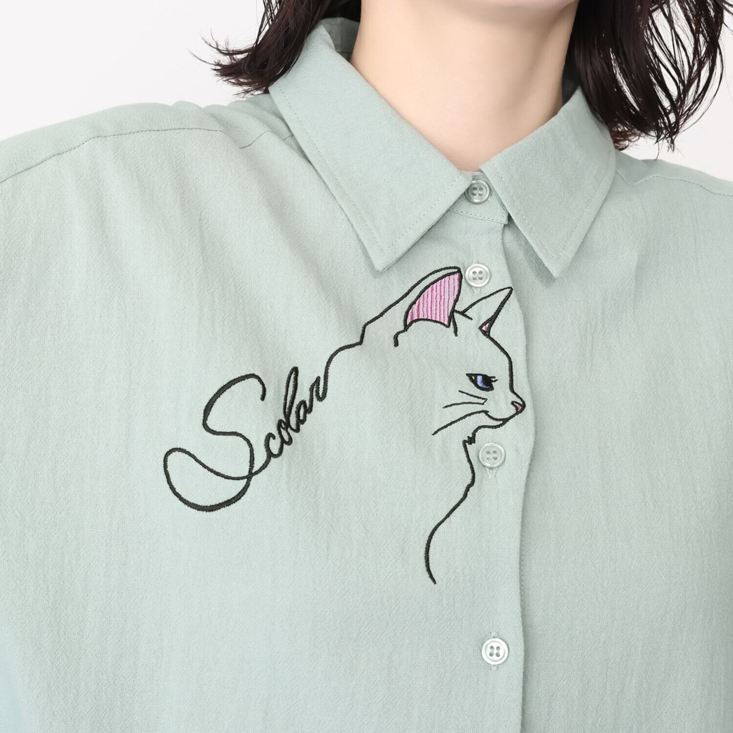 スカラー ネコ刺しゅう ストライプ切替 シャツ