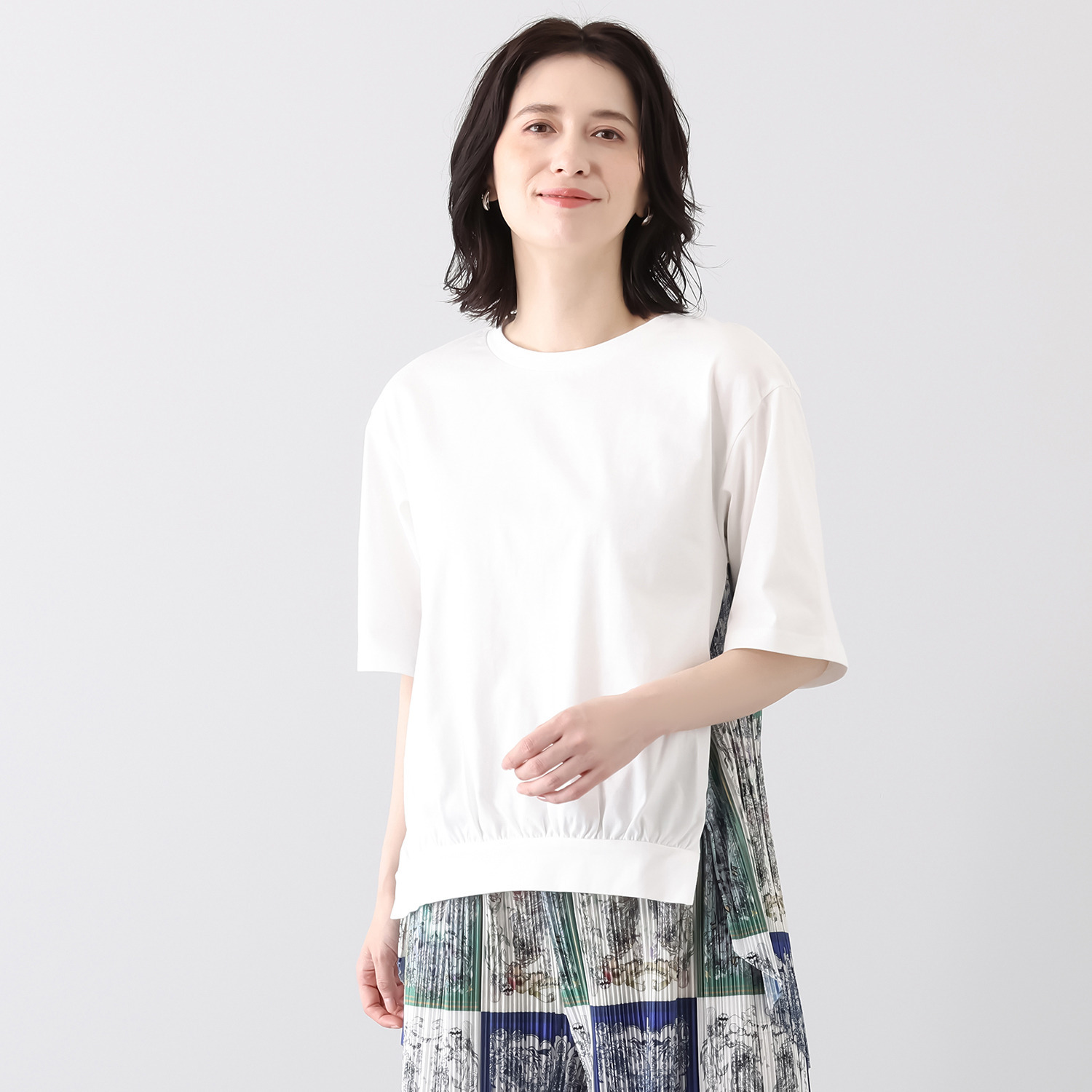 スカラー スカーフ柄プリーツ 切替プルオーバー