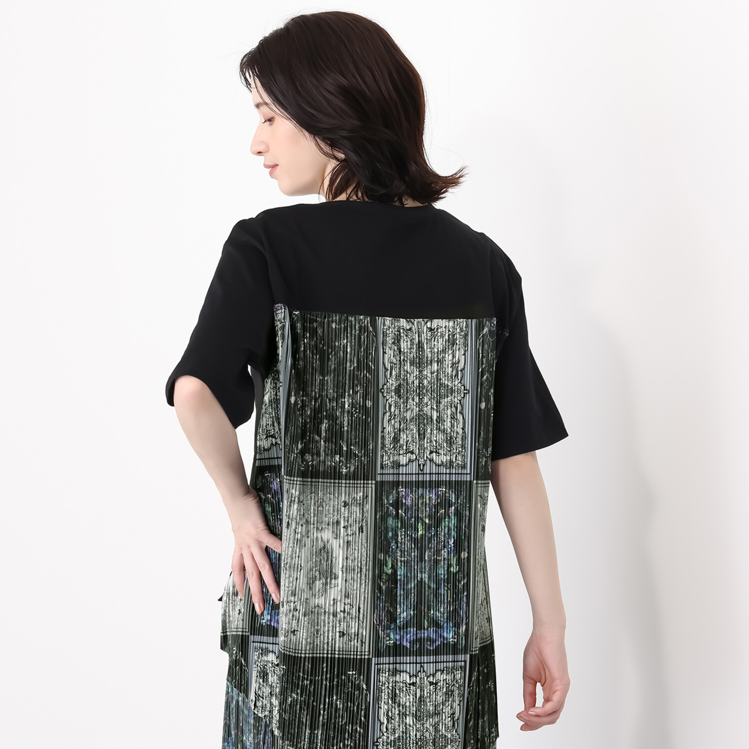 スカラー スカーフ柄プリーツ 切替プルオーバー