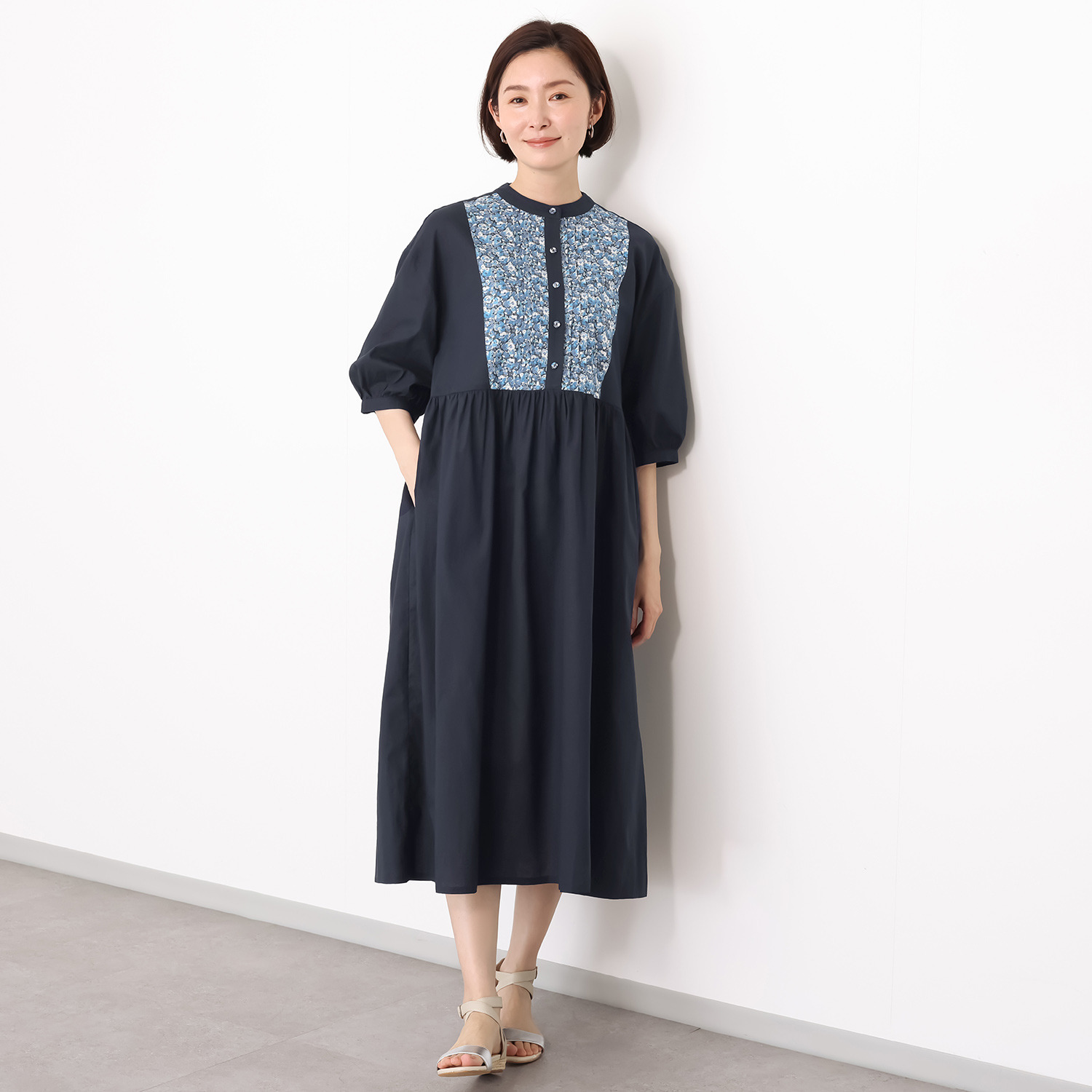ソソット 綿麻 リバティプリントブヨーク 七分袖ワンピース