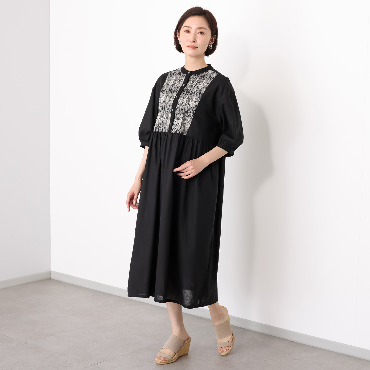 ソソット 綿麻 リバティプリントブヨーク 七分袖ワンピース
